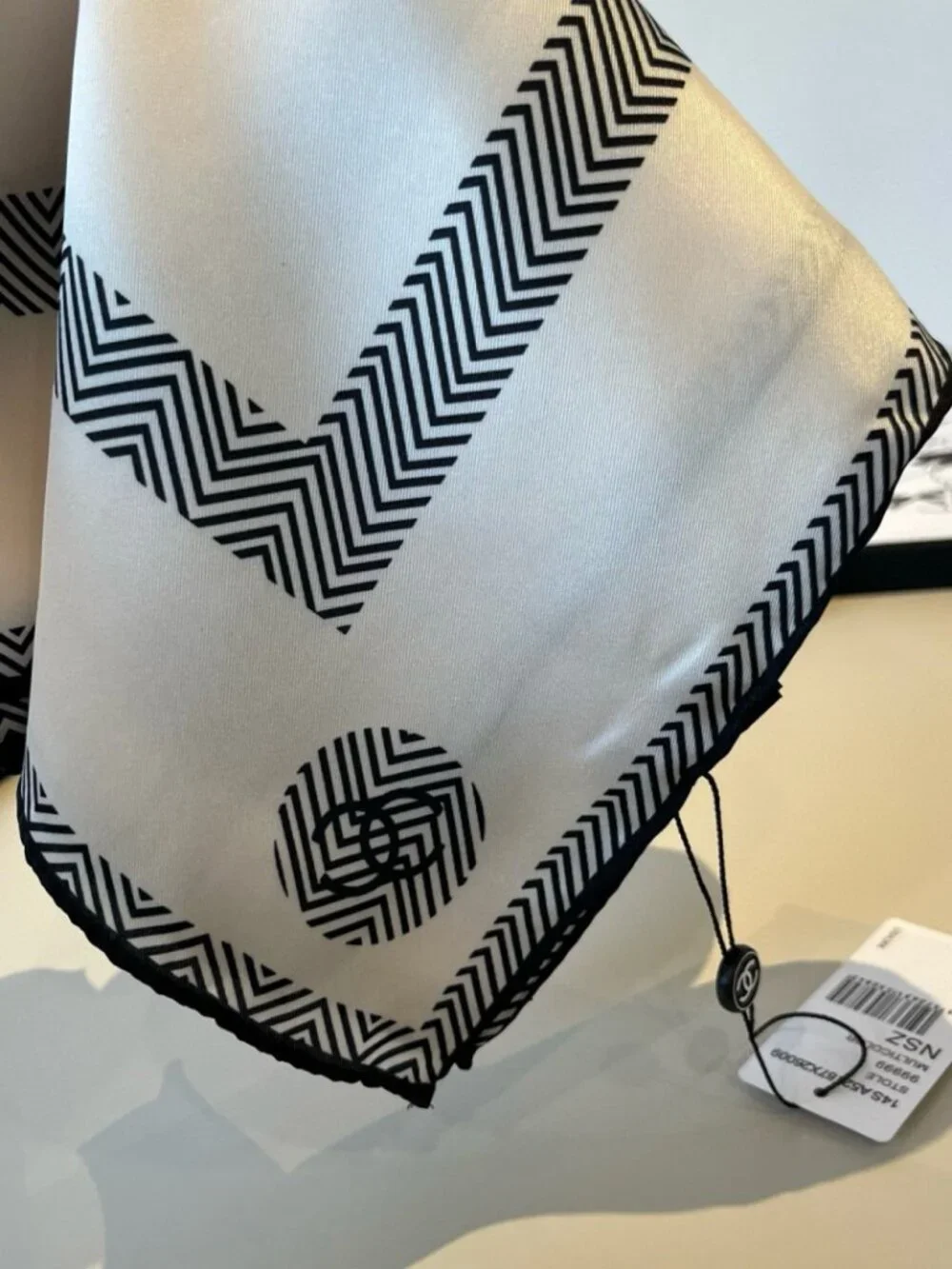 CHANEL Ivory Chevron CC Silk Scarf